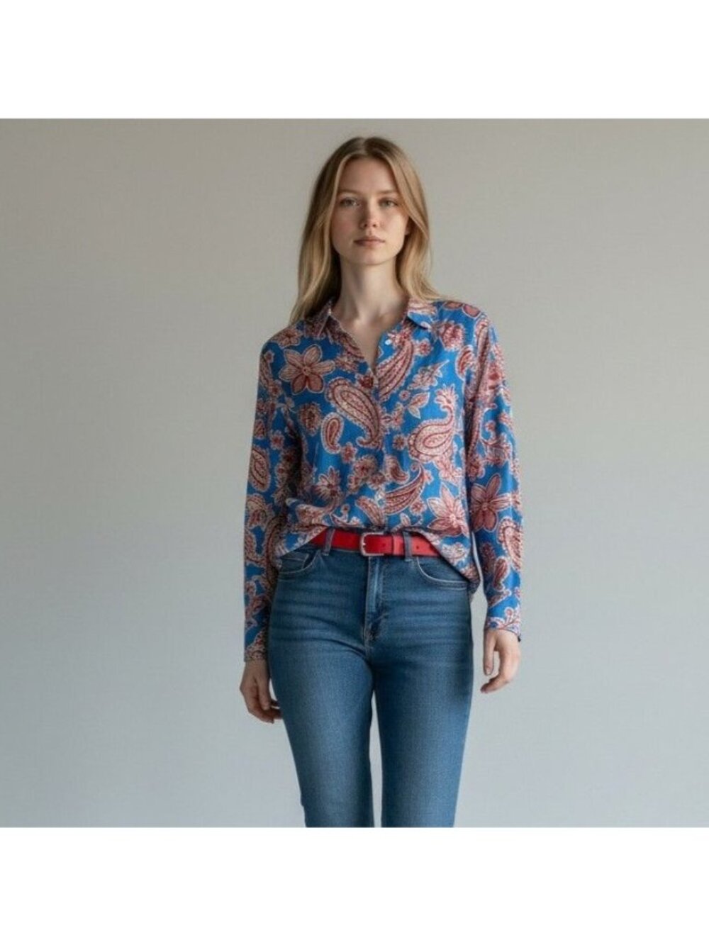 Xirena Neve Button Down Shirt M Capri Blue Red Paisley 100% Cotton Long Sleeve